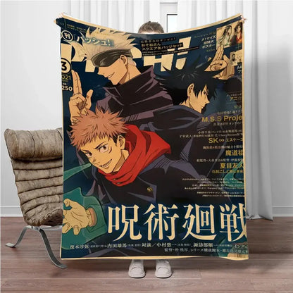 Cozy dark blue jujutsu kaisen flannel blanket featuring vibrant anime characters and bold red and white text accents