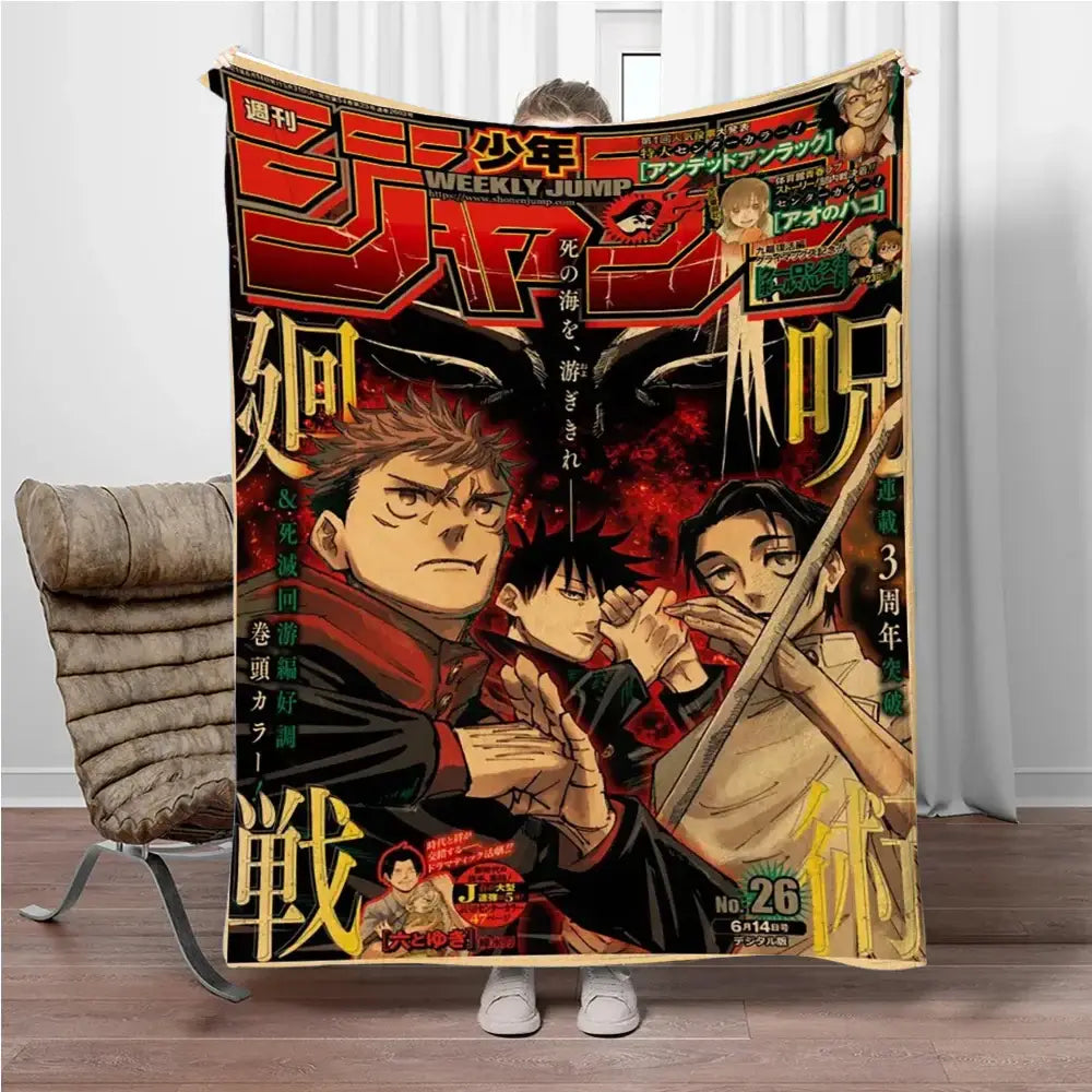 Cozy soft flannel blanket featuring vibrant jujutsu kaisen weekly shonen jump magazine cover design for indoor use