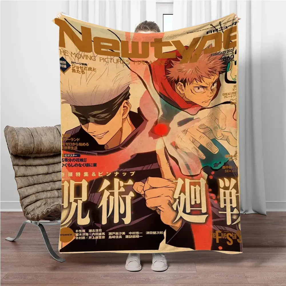 Jujutsu kaisen gojo satoru flannel blanket featuring a soft cozy throw with vintage newtype anime cover design