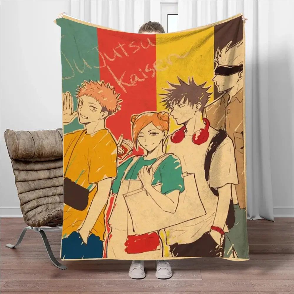 A vibrant multicolored jujutsu kaisen flannel blanket featuring gojo satoru in a retro-style soft throw design
