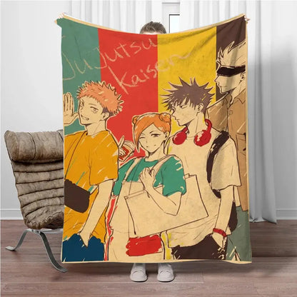 A vibrant multicolored jujutsu kaisen flannel blanket featuring gojo satoru in a retro-style soft throw design