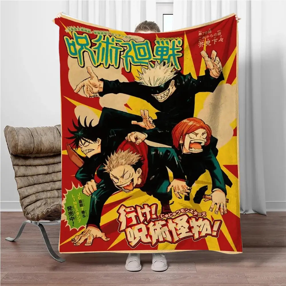 Vibrant red and yellow jujutsu kaisen flannel blanket featuring dynamic anime characters in bold comic style artwork