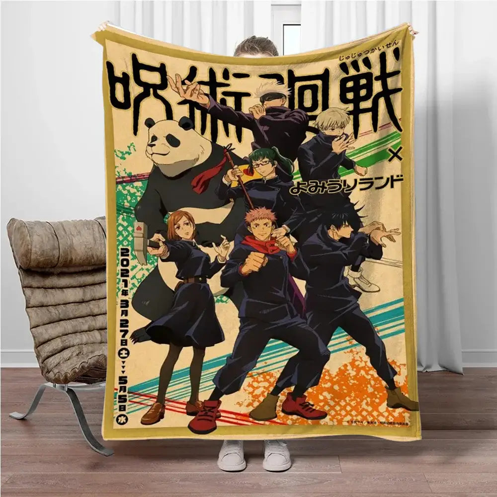 A soft mustard-yellow flannel blanket featuring vibrant jujutsu kaisen characters in dynamic poses on a retro background