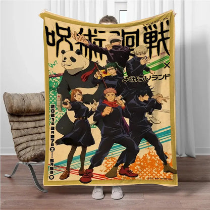 A soft mustard-yellow flannel blanket featuring vibrant jujutsu kaisen characters in dynamic poses on a retro background