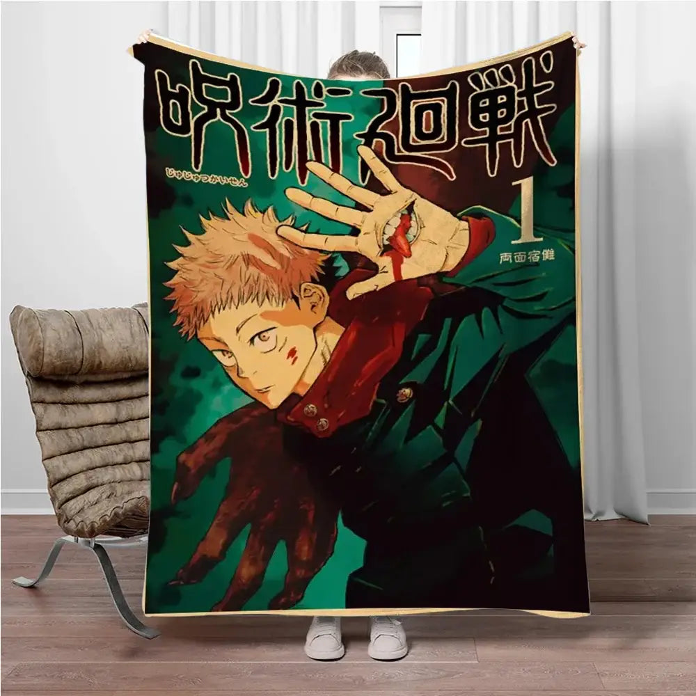 A soft jujutsu kaisen flannel blanket featuring a vibrant spiky blonde anime character on a dark green background