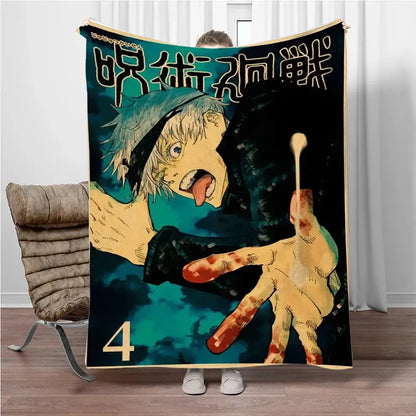 A plush teal and black jujutsu kaisen flannel blanket featuring a dynamic anime character with spiky hair and open mouth