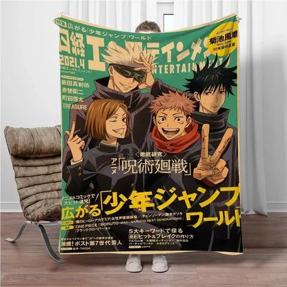 Green and black jujutsu kaisen flannel blanket featuring gojo satoru anime characters soft throw material