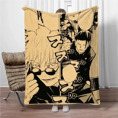 Beige and black jujutsu kaisen flannel blanket featuring gojo satoru with bold manga-style artwork soft throw