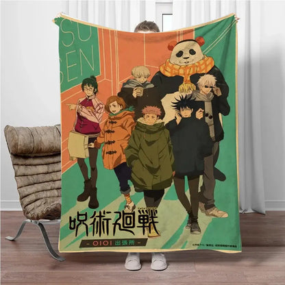 Cozy soft jujutsu kaisen flannel blanket featuring vibrant characters in winter outfits on bold retro green and orange background