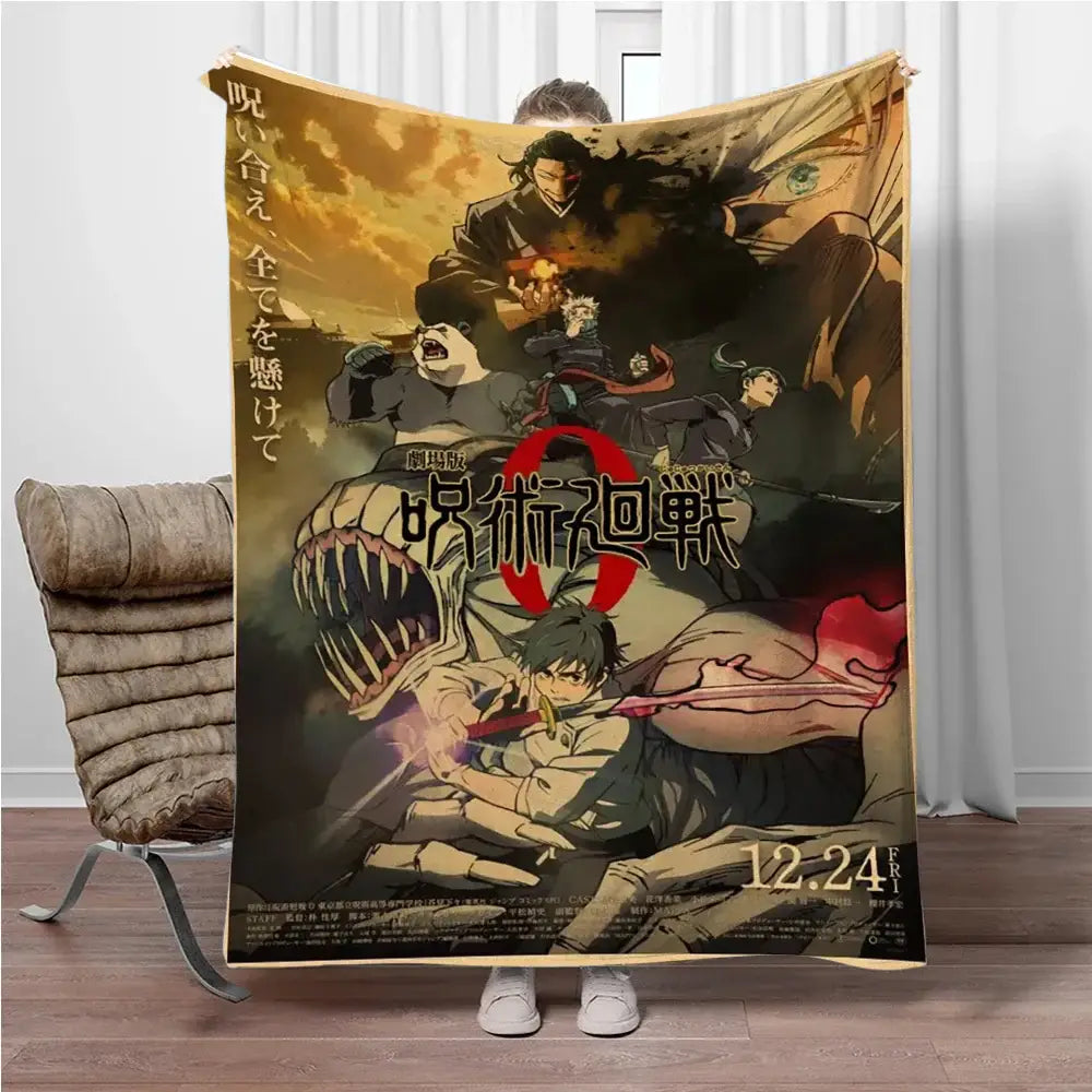 Jujutsu kaisen flannel blanket featuring a soft warm-toned throw with bold black and red anime movie poster design