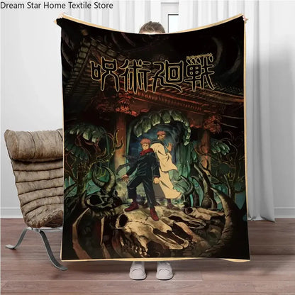 Black and gold jujutsu kaisen flannel blanket featuring detailed anime characters on skulls under an ornate archway