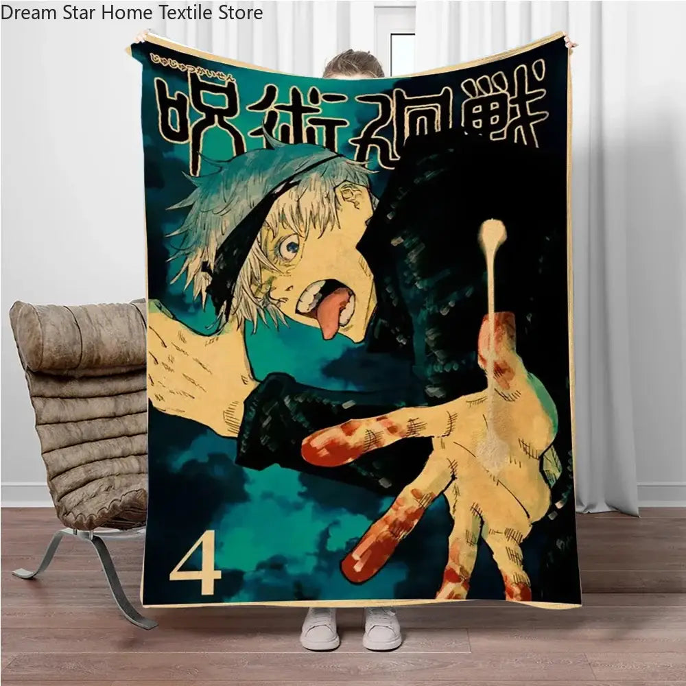 Teal and black jujutsu kaisen flannel blanket featuring gojo satoru anime scene with bold white japanese text on top