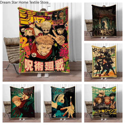 Vibrant multicolored jujutsu kaisen flannel blanket featuring gojo satoru characters in a soft plush throw design