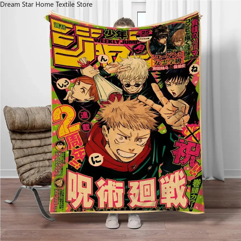 Vibrant jujutsu kaisen flannel blanket with bold manga cover design featuring gojo satoru on neon green and yellow background