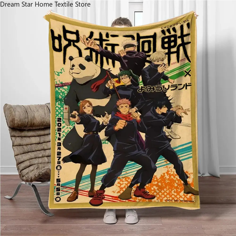 Yellow jujutsu kaisen flannel blanket with gojo satoru design featuring bold lettering panda mascot and dynamic poses