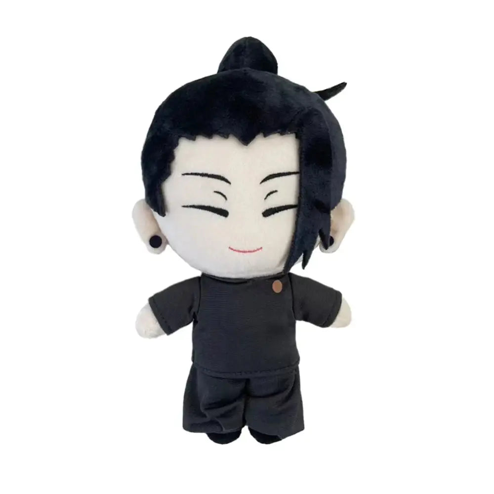 Black plush doll with short hair and smiling face dressed in black clothing from jujutsu kaisen gojo satoru geto suguru plush