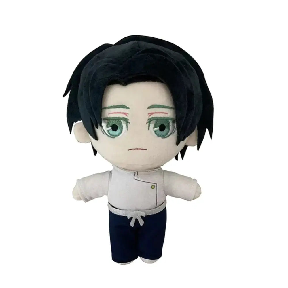 Chibi plush toy of gojo satoru from jujutsu kaisen with black hair green eyes white shirt and navy blue pants