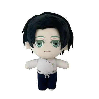 Chibi plush toy of gojo satoru from jujutsu kaisen with black hair green eyes white shirt and navy blue pants
