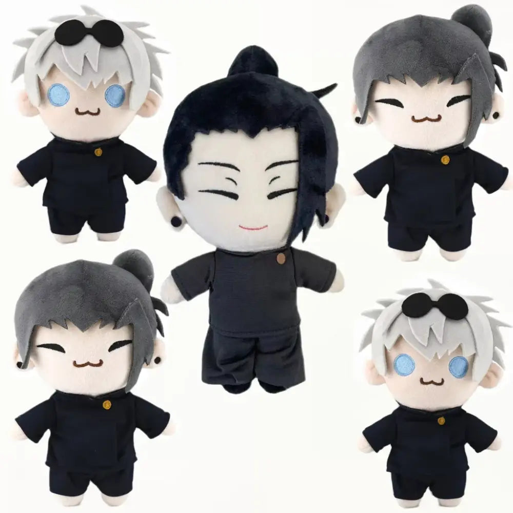 Soft black plush jujutsu kaisen gojo satoru and geto suguru plush dolls with chibi faces and embroidered gold buttons