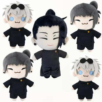Soft black plush jujutsu kaisen gojo satoru and geto suguru plush dolls with chibi faces and embroidered gold buttons