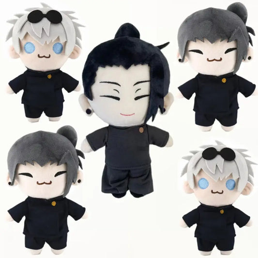 Soft black plush jujutsu kaisen gojo satoru and geto suguru plush dolls with chibi faces and embroidered gold buttons