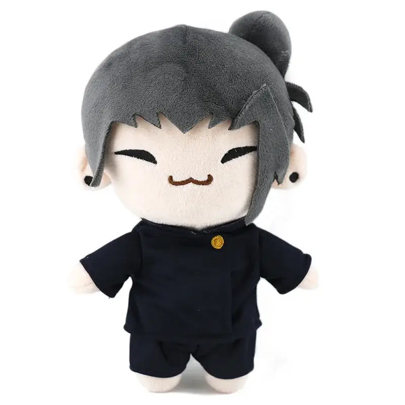 Gray-haired chibi jujutsu kaisen gojo satoru plush doll in black uniform with gold button soft cosplay plush