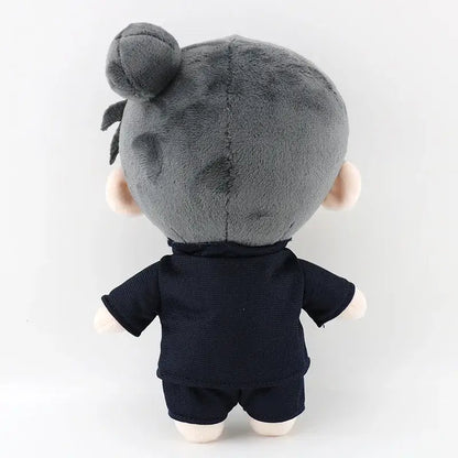 Gray plush doll with bun hairstyle wearing navy blue outfit from jujutsu kaisen gojo satoru and geto suguru plush set
