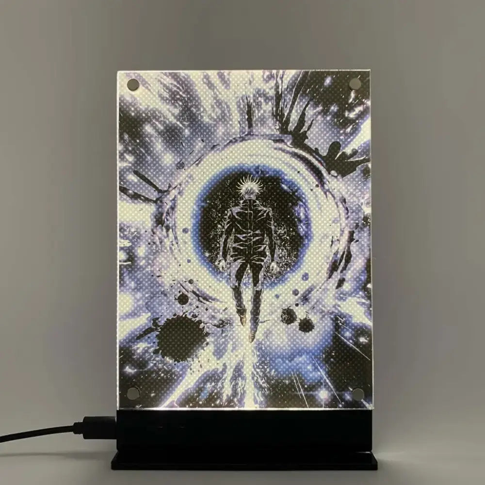 A glowing black-and-white jujutsu kaisen gojo satoru led backlit poster featuring him in a cosmic vortex night light