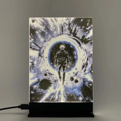 A glowing black-and-white jujutsu kaisen gojo satoru led backlit poster featuring him in a cosmic vortex night light