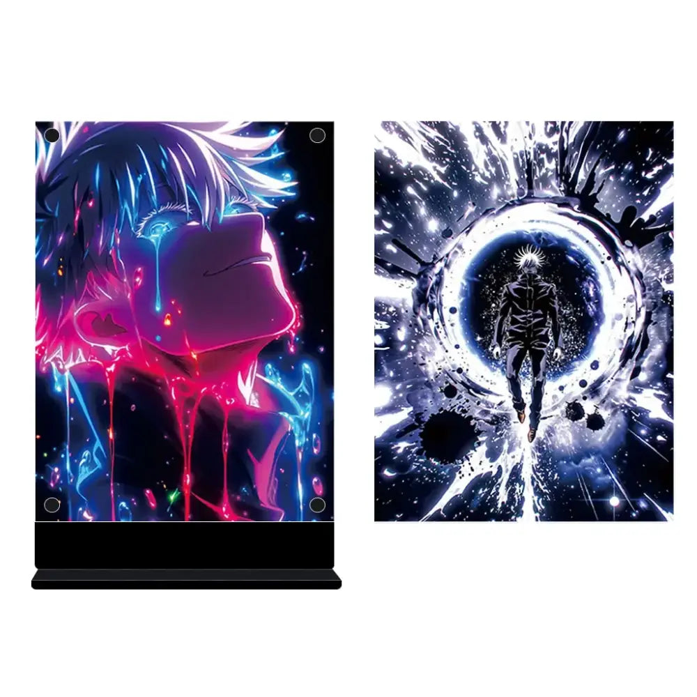 Vibrant neon-pink and electric-blue jujutsu kaisen gojo acrylic stand with glowing liquid effects and led backlit night light