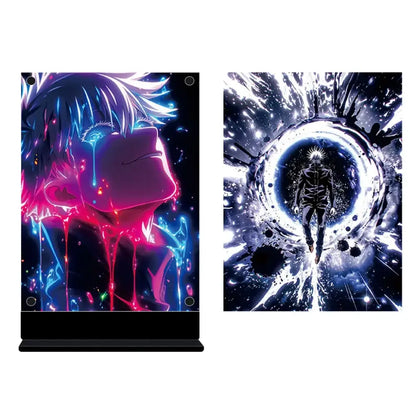 Vibrant neon-pink and electric-blue jujutsu kaisen gojo acrylic stand with glowing liquid effects and led backlit night light