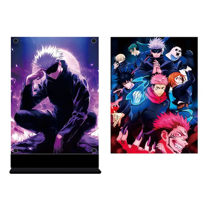 Purple and black acrylic jujutsu kaisen gojo satoru led stand with spiky white hair character moonlit background