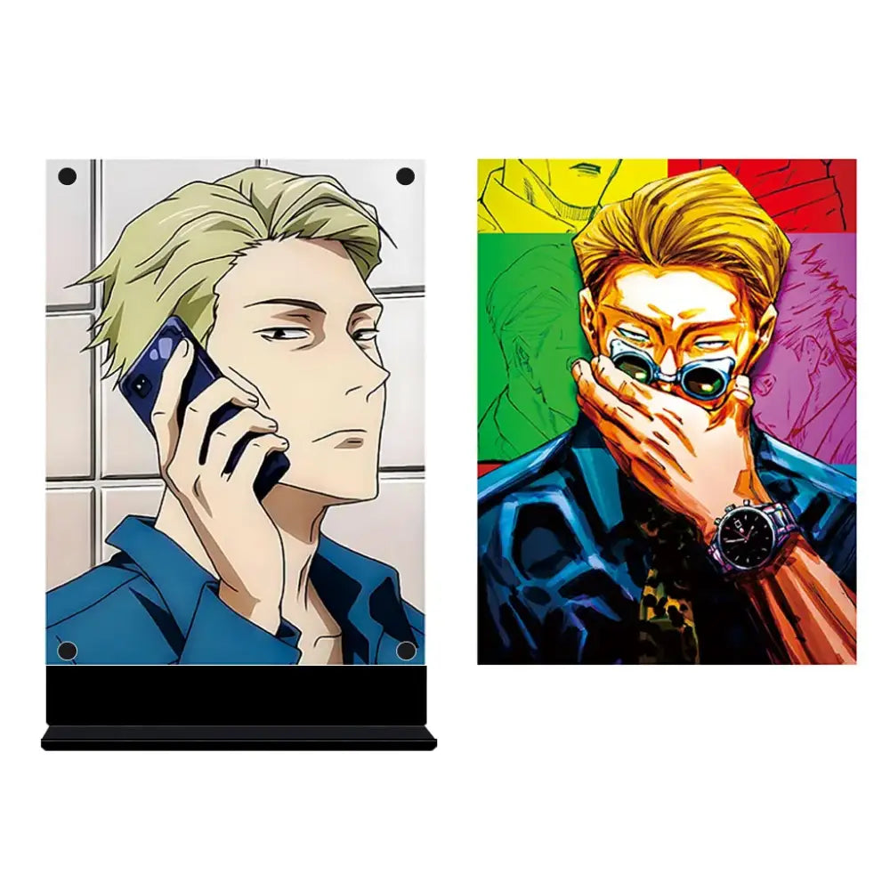 Two anime-themed acrylic standees with vibrant gojo satoru illustrations for jujutsu kaisen gojo led night light