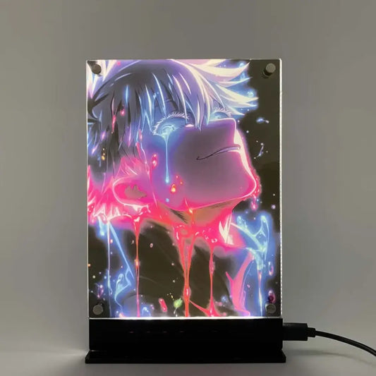 Neon-lit acrylic jujutsu kaisen gojo satoru led lamp with glowing blue and pink paint splatters night light poster