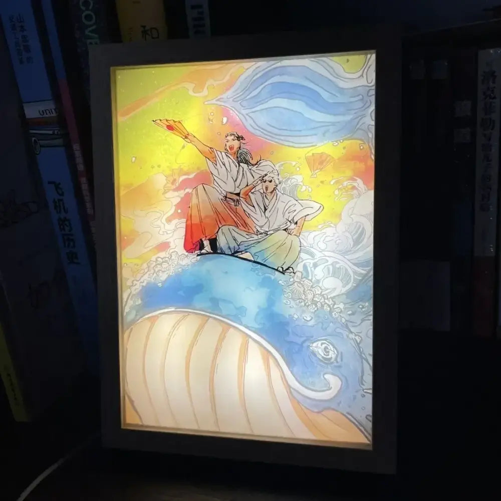 A glowing jujutsu kaisen gojo satoru led lightbox featuring a colorful whale design usb plug-in for bedroom decor
