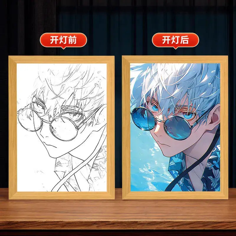 Blue jujutsu kaisen gojo satoru anime character portrait in a light wood LED light frame for bedroom decor design variants