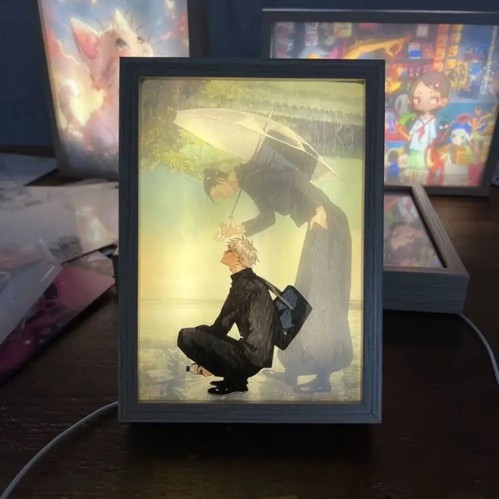 Black-framed jujutsu kaisen gojo satoru led light frame with usb plug-in featuring two characters under umbrella
