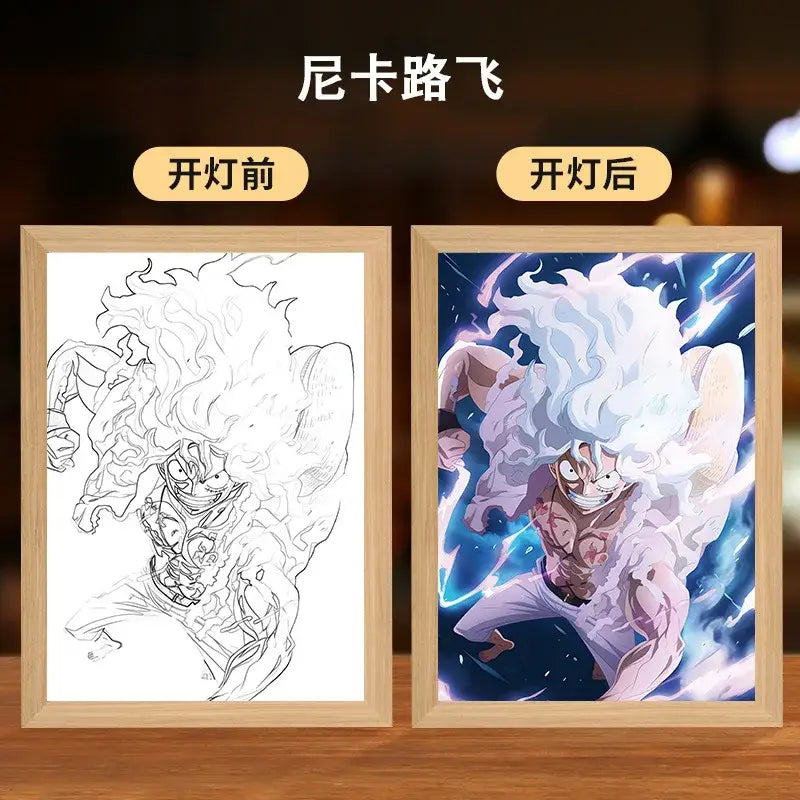 Wooden-framed jujutsu kaisen gojo satoru anime poster with blue lightning usb plug-in led light frame bedroom decor
