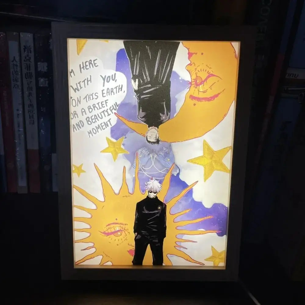A jujutsu kaisen gojo satoru led light frame with glowing usb plug-in featuring a purple sky and stars design