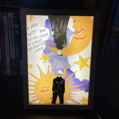A jujutsu kaisen gojo satoru led light frame with glowing usb plug-in featuring a purple sky and stars design