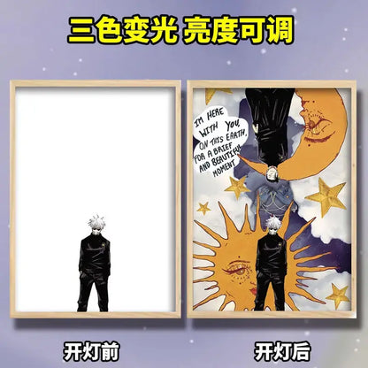 Jujutsu kaisen gojo satoru led light frame featuring black and white design with glowing orange suns and moons background