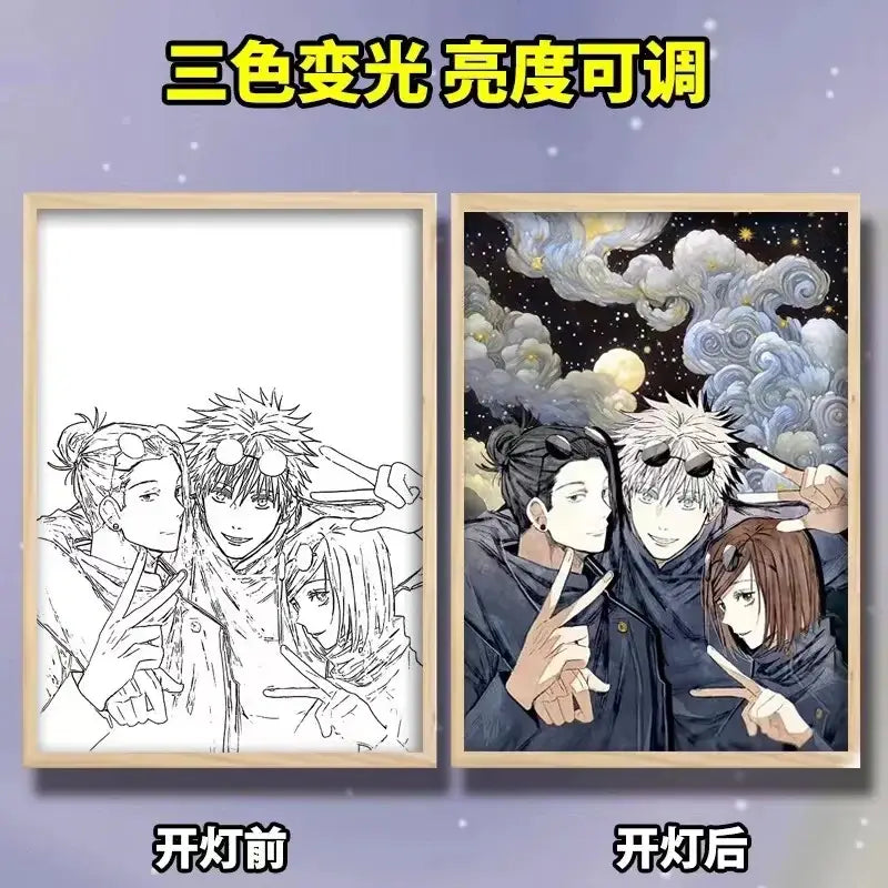 A jujutsu kaisen gojo satoru led light frame with vibrant anime design variants under a starry night sky