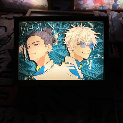 Black-framed jujutsu kaisen gojo satoru led light frame with usb plug-in and teal wave-patterned background panel