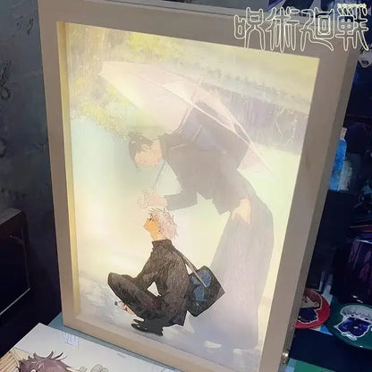 Jujutsu kaisen gojo satoru led light frame with anime scene under umbrella in wooden frame design variants for bedroom decor