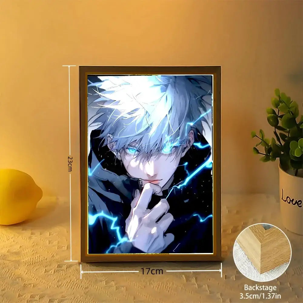 Gojo satoru led night light frame with rectangular wooden frame acrylic featuring silver hair character and blue lightning effects