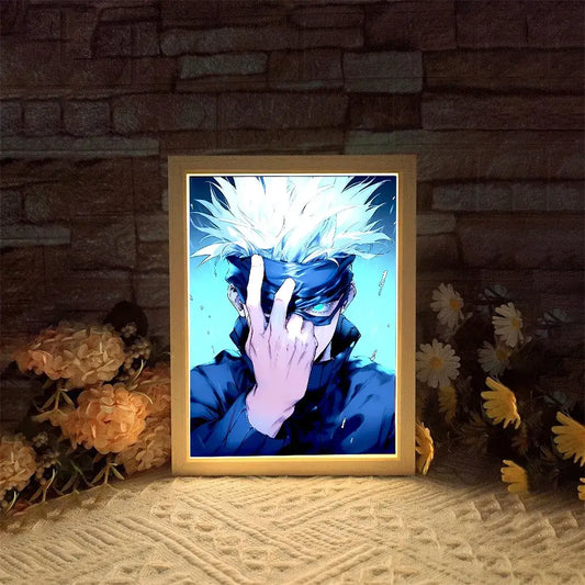 Glowing acrylic jujutsu kaisen gojo satoru led night light frame with spiky white hair and blue backlighting
