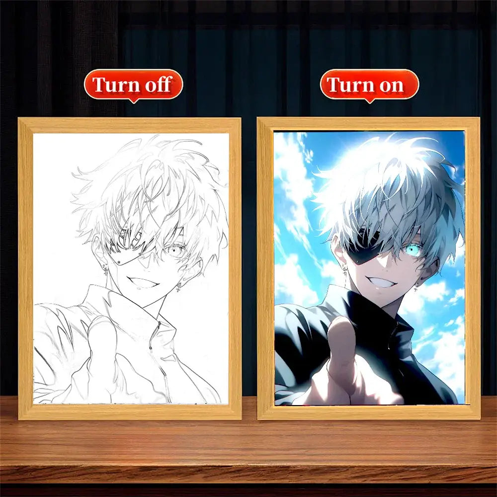 A framed jujutsu kaisen gojo satoru light painting frame featuring white hair eye patch and glowing blue sky background