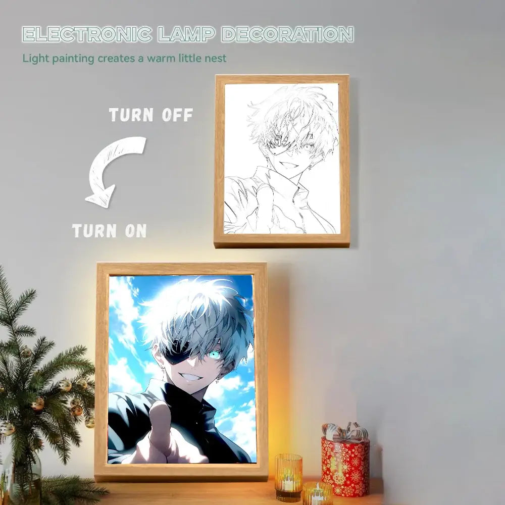 Wood-framed led jujutsu kaisen gojo satoru light painting with silver hair and black eye patch against blue sky