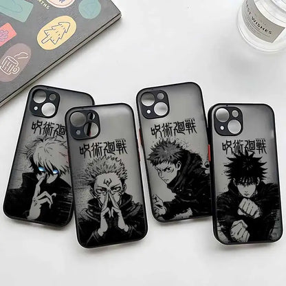Black frosted translucent jujutsu kaisen phone case featuring gojo satoru illustration and show title on back side