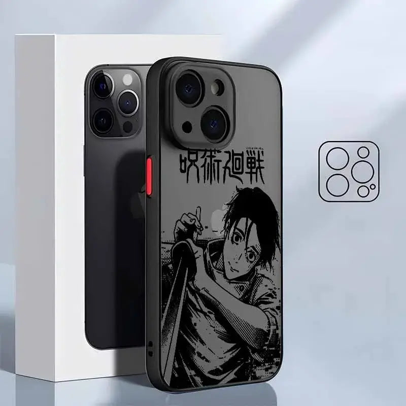 Black translucent frosted translucent jujutsu kaisen phone case featuring megumi fushiguro holding a sword on back side